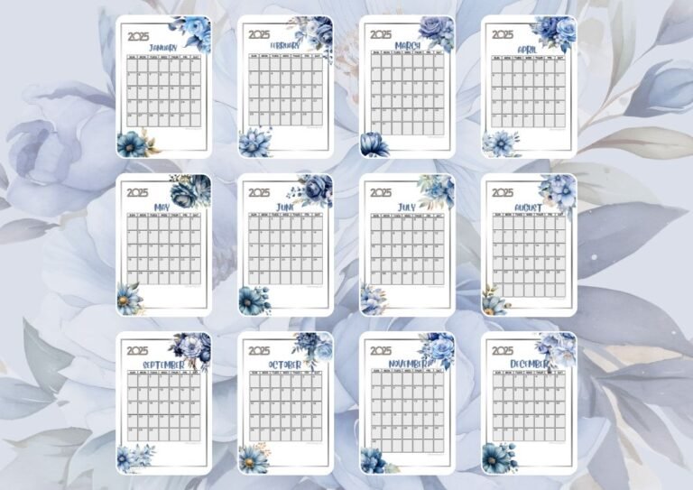 2025 Blue Dusky Flowers Calendar, full years calendar.