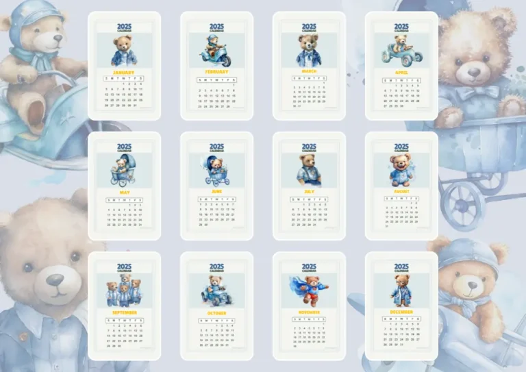 2025 teddy bear Calendar, full 12 month calendar preview image