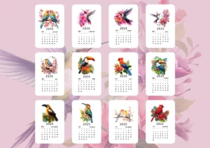 2025 Bird Calendar, showing preview of all 12 months calendar @copyright affectiontag.com