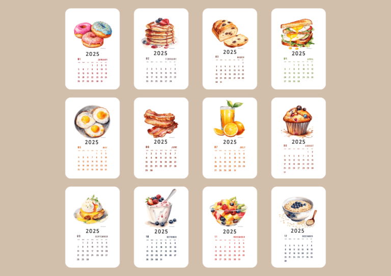 A 2025 Breakfast Calendar featuring 12 beautifully illustrated breakfast dishes in a portrait layout. Each month showcases a different dish, including donuts, pancakes, fruit bread, sandwiches, eggs, bacon, orange juice, muffins, eggs benedict, yogurt with berries, fruit salad, and oatmeal.