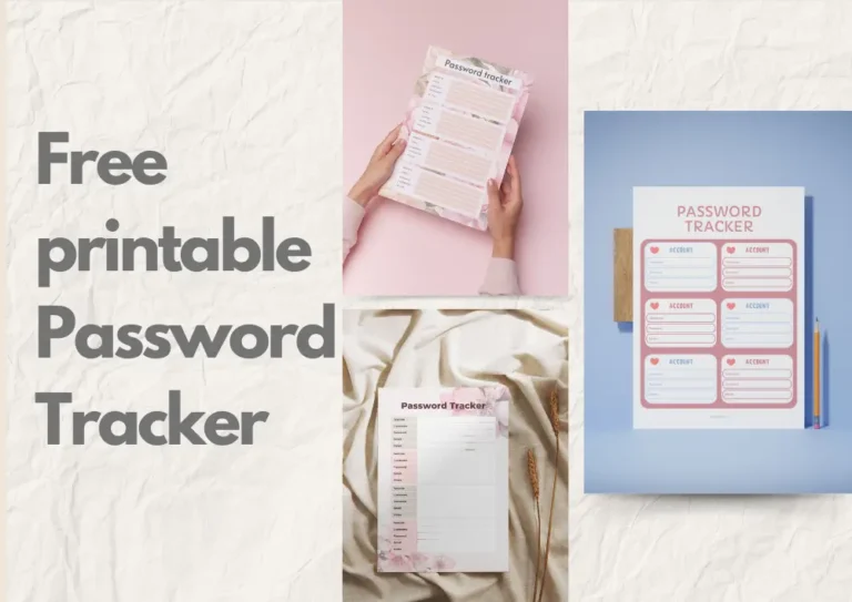 Free password tracker printable templates displayed in different designs, including a floral, minimalist, and modern style. The image shows three versions of the password tracker for organizing account details