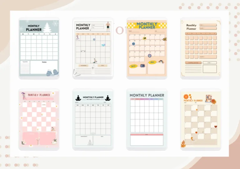 "High-quality preview image showing all available monthly planners including Fall Autumn, Fitness Health Theme, Monthly Planner Kids, and more in one image.