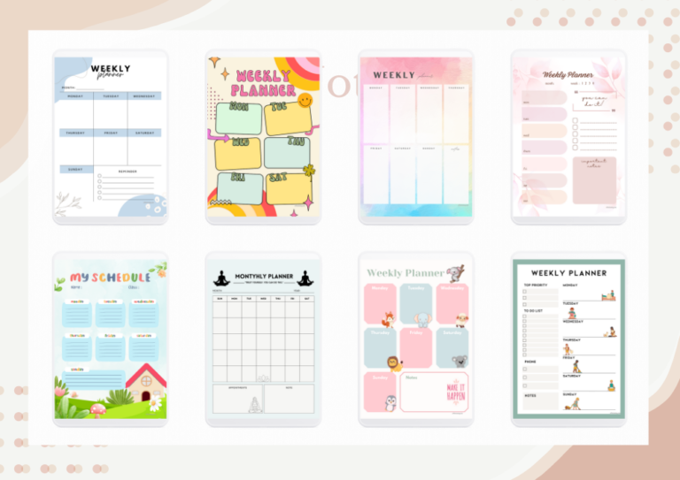 A preview of colorful weekly planner designs in various themes, including kids, flowers, and minimal styles. © affectiontag.com