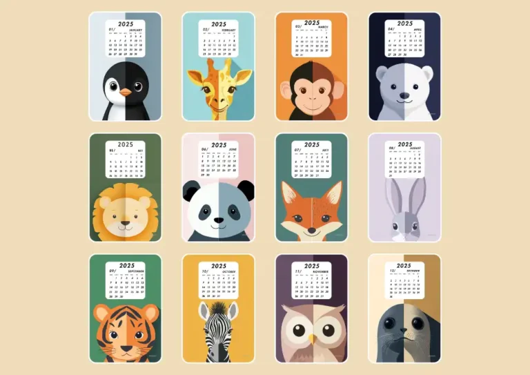 Complete set of 2025 Animal Kids Calendar featuring adorable animal illustrations for each month, including penguin, giraffe, monkey, polar bear, lion, panda, fox, rabbit, tiger, zebra, owl, and seal. Designed by Dipti Sarkar to engage children with learning through fun visuals - affectiontag.com©