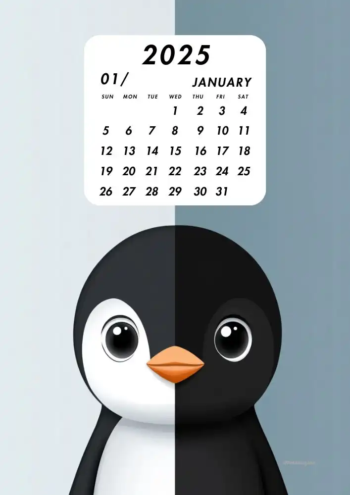 2025 Animal Kids Calendar: A Fun and Educational Printable for Children 2 Illustration of a cute penguin for January, symbolizing the winter season. Perfect for children's calendar use - affectiontag.com©