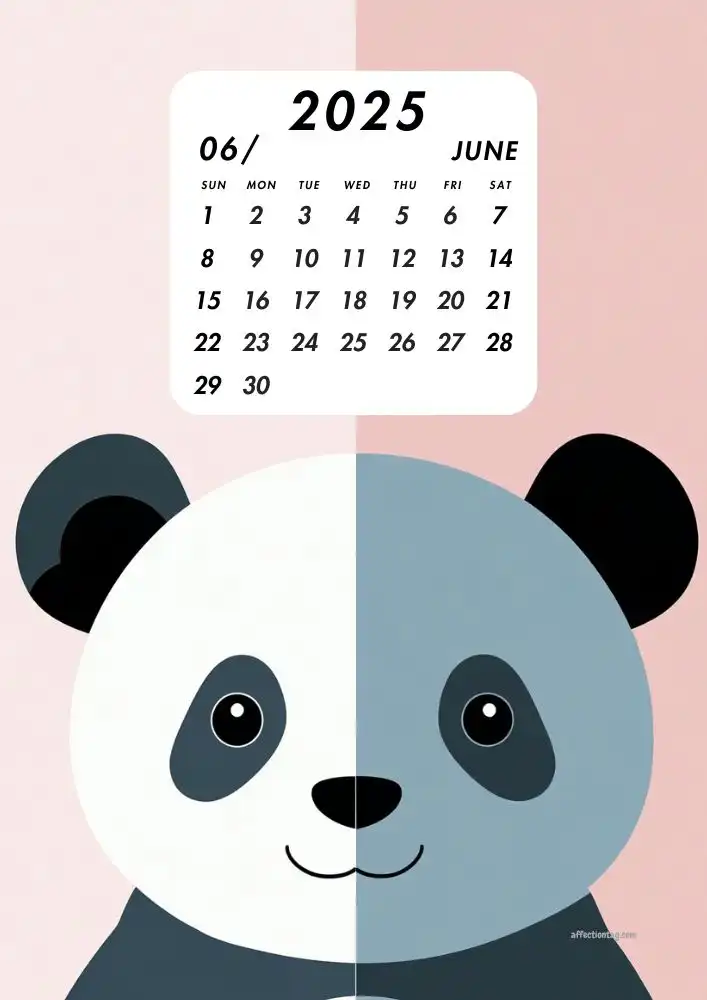 2025 Animal Kids Calendar: A Fun and Educational Printable for Children 7 Peaceful panda illustration for June, fitting the mild summer days. Designed to encourage children's interest in wildlife - affectiontag.com©