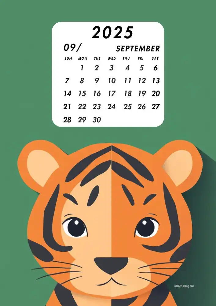 2025 Animal Kids Calendar: A Fun and Educational Printable for Children 10 Playful tiger illustration for September, reflecting the transition to autumn. Suitable for helping children learn about seasons - affectiontag.com©