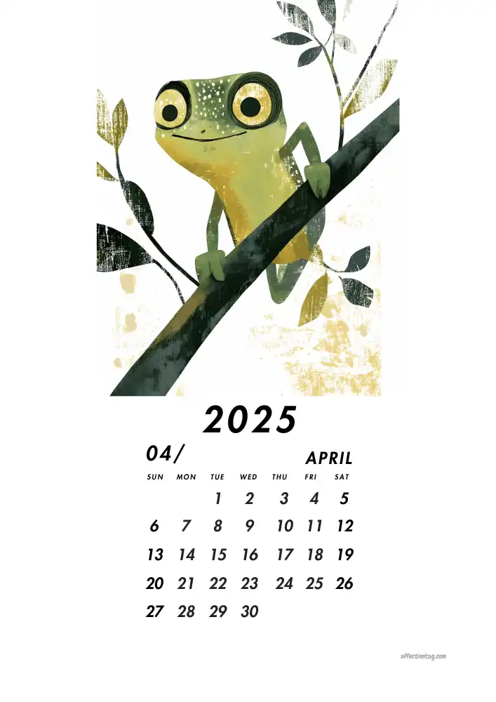 2025 Doodle Calendar - A Year of Fun and Cute Monthly Doodles 5 Cheerful frog perched on a branch for April in the 2025 Doodle Calendar - affectiontag.com©