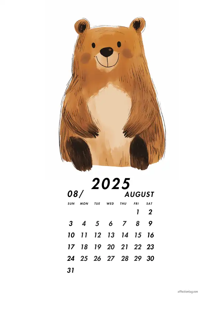 2025 Doodle Calendar - A Year of Fun and Cute Monthly Doodles 9 Friendly brown bear adding warmth to August in the 2025 Doodle Calendar - affectiontag.com©