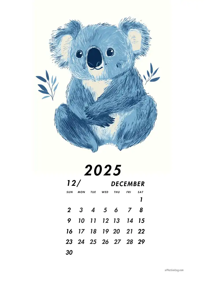 2025 Doodle Calendar - A Year of Fun and Cute Monthly Doodles 13 Calm blue koala representing relaxation for December in the 2025 Doodle Calendar - affectiontag.com©
