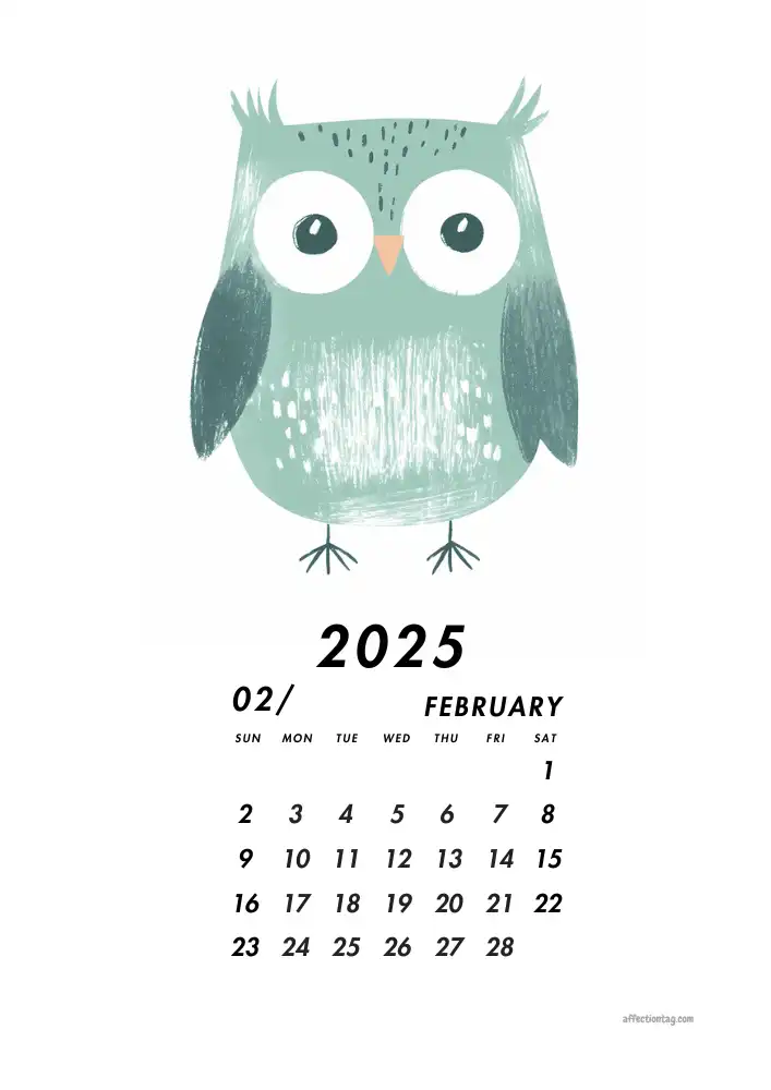 2025 Doodle Calendar - A Year of Fun and Cute Monthly Doodles 3 Charming green owl with curious eyes representing February in the 2025 Doodle Calendar - affectiontag.com©