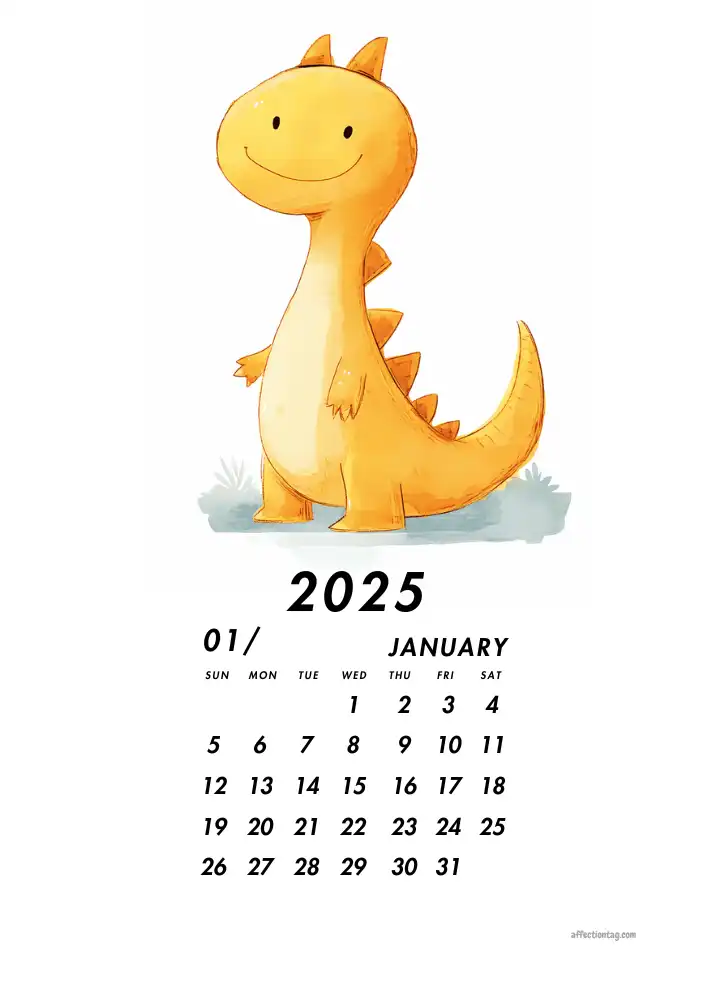 2025 Doodle Calendar - A Year of Fun and Cute Monthly Doodles 2 Illustration of a playful yellow dinosaur for January in the 2025 Doodle Calendar - affectiontag.com©