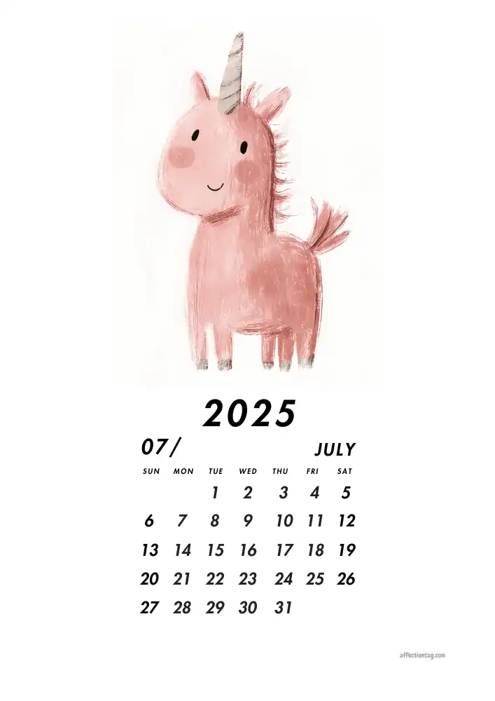 2025 Doodle Calendar - A Year of Fun and Cute Monthly Doodles 8 Magical pink unicorn representing July in the 2025 Doodle Calendar - affectiontag.com©