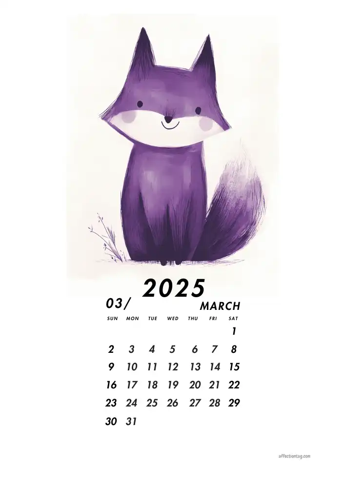2025 Doodle Calendar - A Year of Fun and Cute Monthly Doodles 4 Adorable purple fox for March, smiling warmly in the 2025 Doodle Calendar - affectiontag.com©