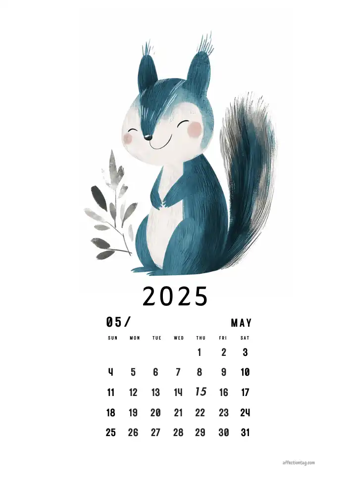 2025 Doodle Calendar - A Year of Fun and Cute Monthly Doodles 6 Happy blue squirrel holding a leaf for May in the 2025 Doodle Calendar - affectiontag.com©