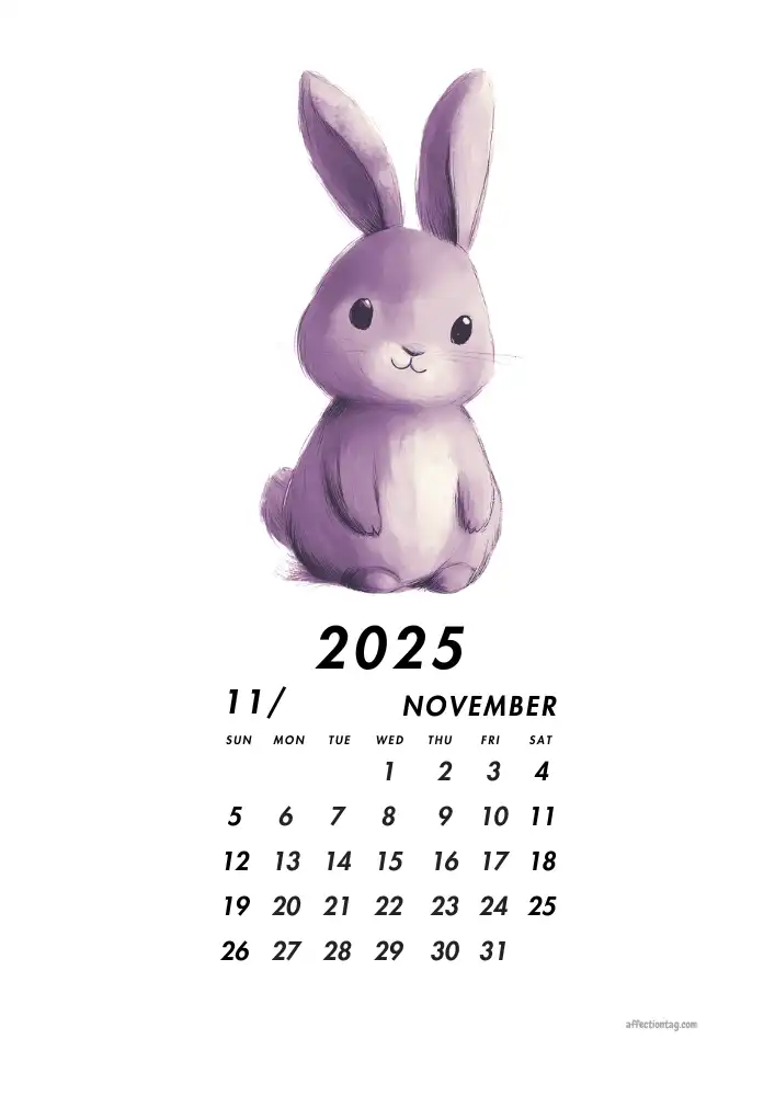 2025 Doodle Calendar - A Year of Fun and Cute Monthly Doodles 12 Sweet purple bunny celebrating the coziness of November in the 2025 Doodle Calendar - affectiontag.com©