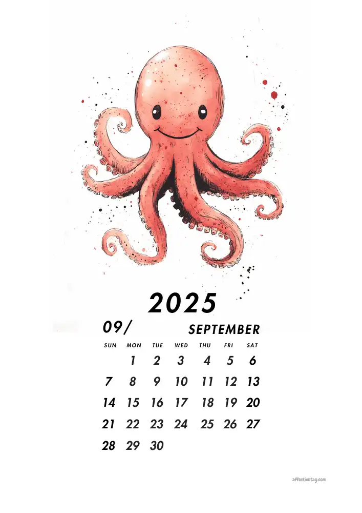 2025 Doodle Calendar - A Year of Fun and Cute Monthly Doodles 10 Cheerful pink octopus bringing excitement to September in the 2025 Doodle Calendar - affectiontag.com©