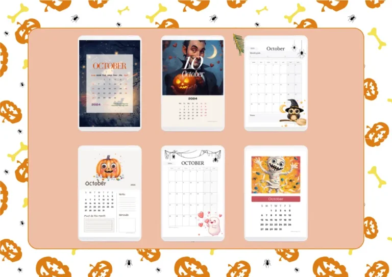 A selection of Halloween-themed October 2024 calendars featuring spooky designs like pumpkins, ghosts, and skeletons, perfect for planning the Halloween countdown and events. © affectiontag.com