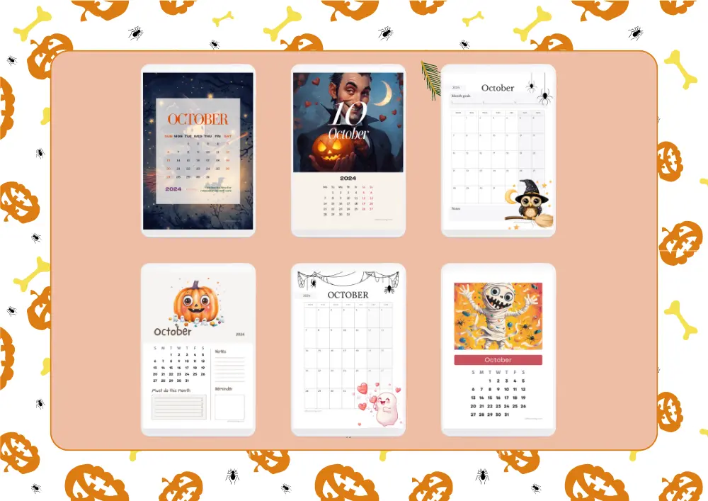 Halloween Calendar 2024: Free Printable for a Spooky October 1 A selection of Halloween-themed October 2024 calendars featuring spooky designs like pumpkins, ghosts, and skeletons, perfect for planning the Halloween countdown and events. © affectiontag.com