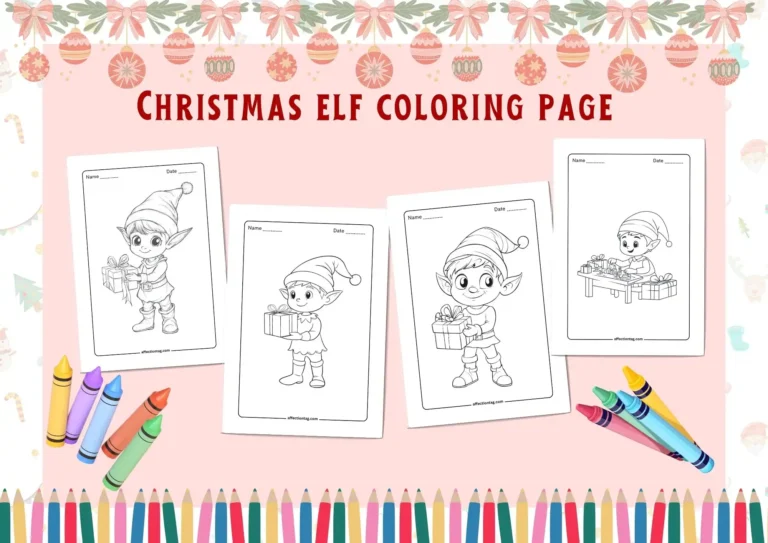 "Christmas Elf Coloring Page" image featuring four playful elf designs ready for coloring. Each elf is holding or interacting with a gift, wearing a festive hat, and standing against a pastel backdrop with Christmas decorations. Crayons are placed below, adding a colorful touch to the scene. Perfect for holiday-themed coloring fun. ©affectiontag.com