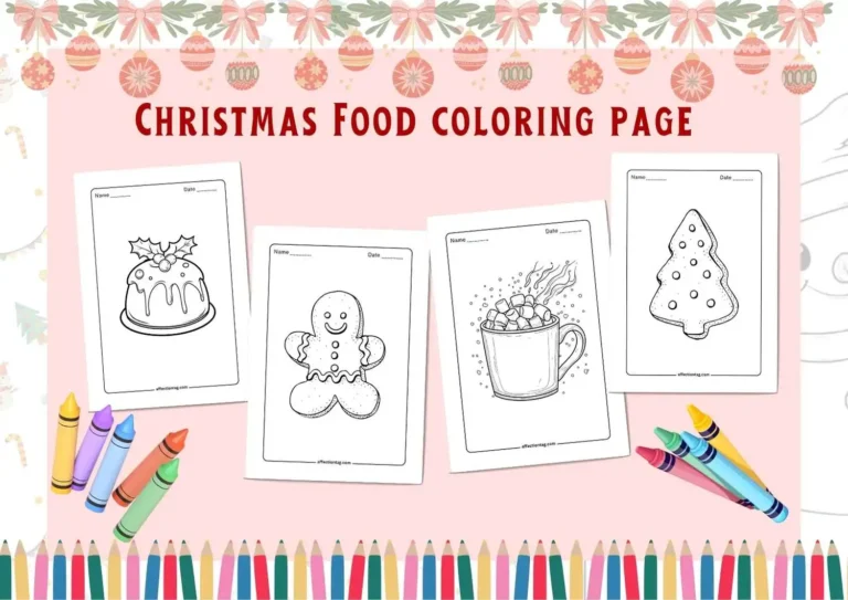 Christmas Food Coloring Page collection featuring festive coloring sheets of holiday treats, including a Christmas pudding with holly, a smiling gingerbread man, a steaming cup of hot chocolate with marshmallows, and a Christmas tree-shaped cookie. Colorful crayons and a festive holiday border complete the design.