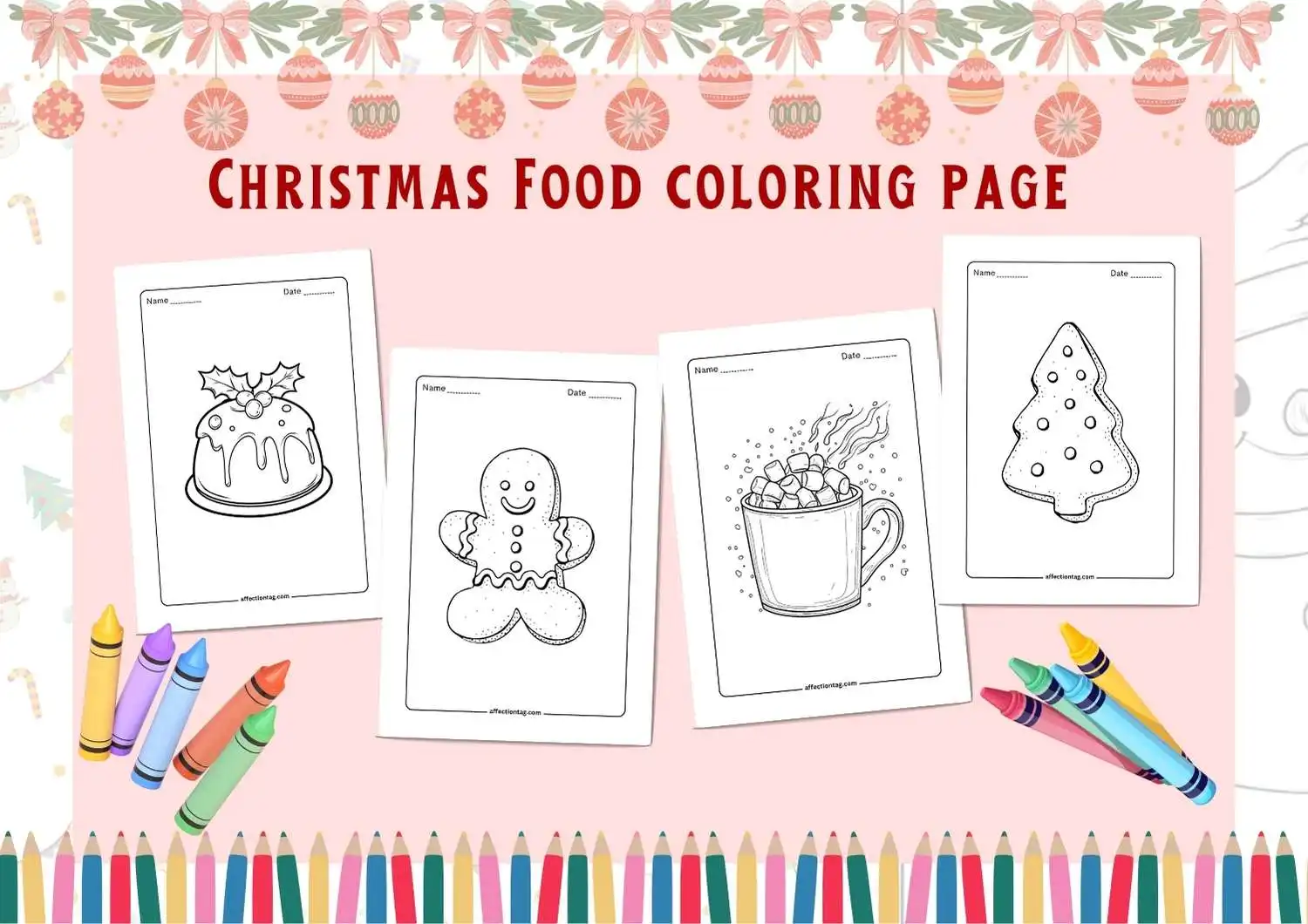 Create Holiday Magic: Festive Christmas Food Coloring Pages by Dipti Sarkar 1 Christmas Food Coloring Page collection featuring festive coloring sheets of holiday treats, including a Christmas pudding with holly, a smiling gingerbread man, a steaming cup of hot chocolate with marshmallows, and a Christmas tree-shaped cookie. Colorful crayons and a festive holiday border complete the design.