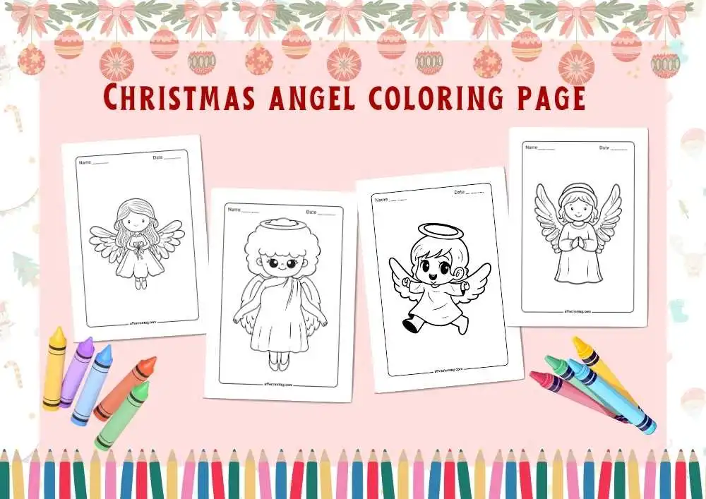 Download Beautiful Christmas Angel Coloring Pages – Free Printable PDFs 1 A collection of Christmas angel coloring pages featuring angels with different expressions and accessories, perfect for the holiday season.