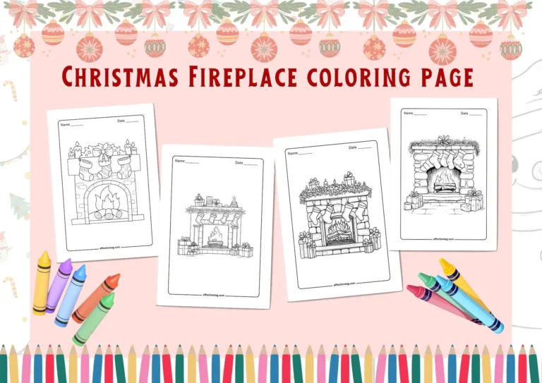 : A banner displaying four Christmas-themed fireplace coloring pages arranged in a row with crayons at the bottom, surrounded by festive bows, ornaments, and holiday decor