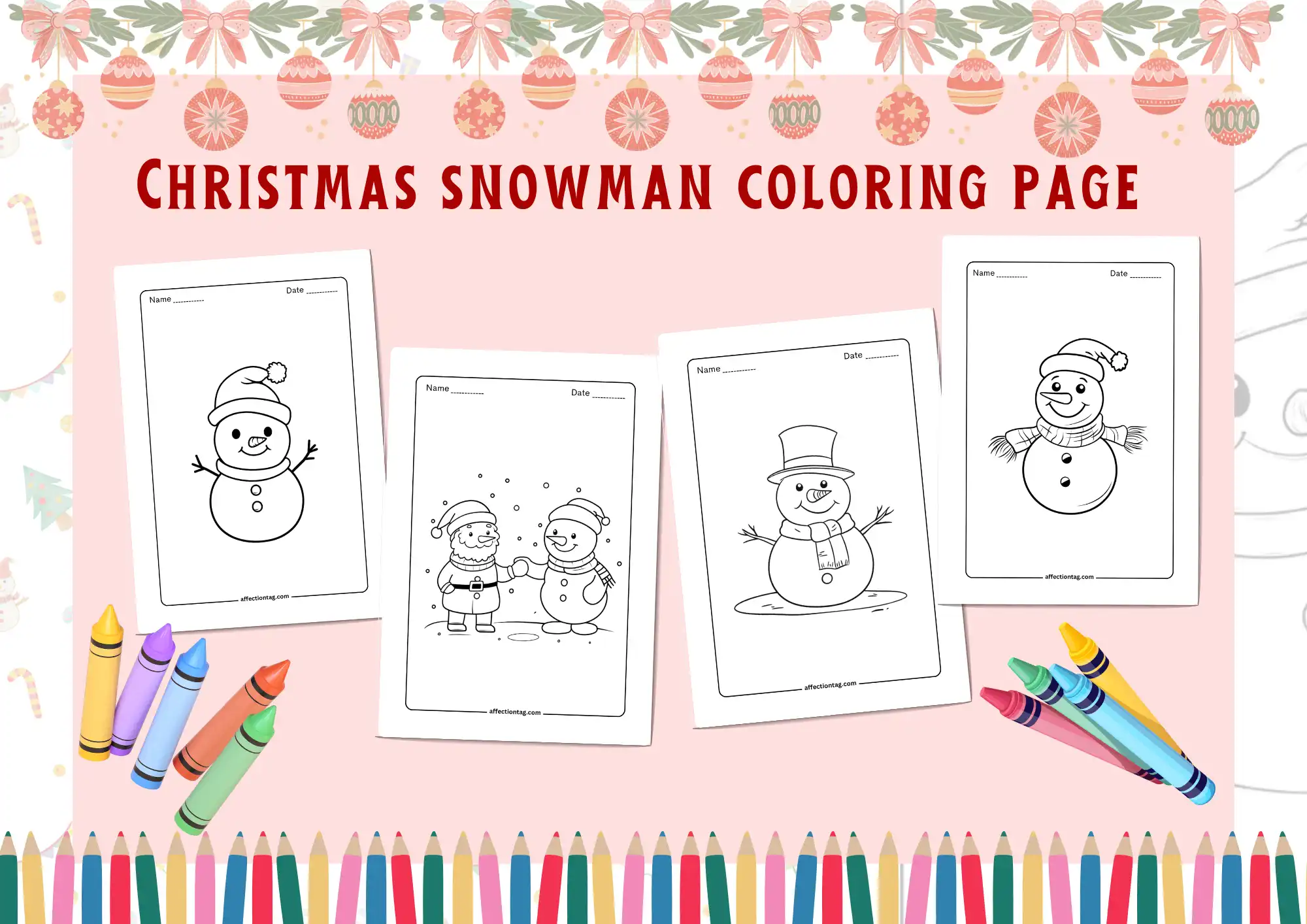 Download Free Christmas Snowman Coloring Pages (Printable PDF) and Get Ready for Holiday Fun! 1 A collection of Christmas snowman coloring pages, each featuring a different snowman character in various festive poses, perfect for holiday coloring fun. © affectiontag.com