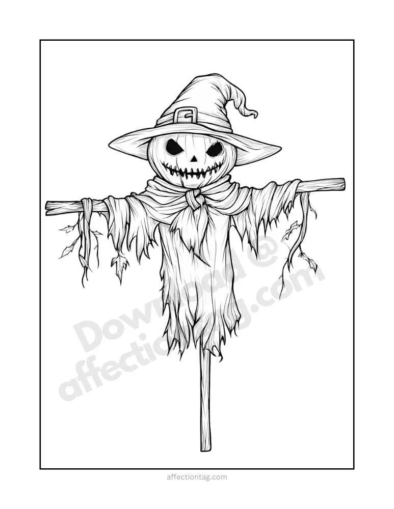 Spooky Halloween Scarecrow Coloring Pages to Download Now! 2 A detailed black-and-white illustration of a scarecrow with a pumpkin head and a witch hat, standing on a post with tattered clothes.