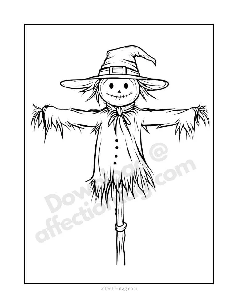 Spooky Halloween Scarecrow Coloring Pages to Download Now! 3 A simple and cute scarecrow wearing a witch hat, smiling with buttoned-up clothing, standing on a wooden post.