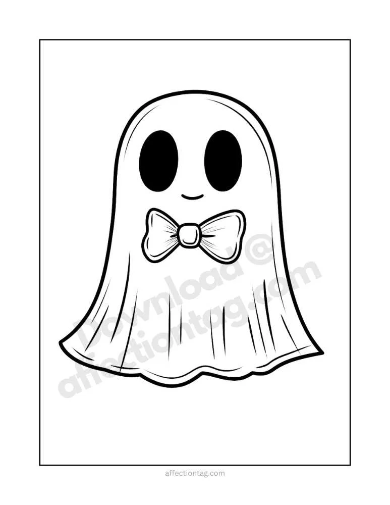 Spooky Fun with Halloween Ghost Coloring Pages – Free Printables to Download! 2 A cute ghost with a bow tie smiling, with simple lines and no background, perfect for young kids to color.