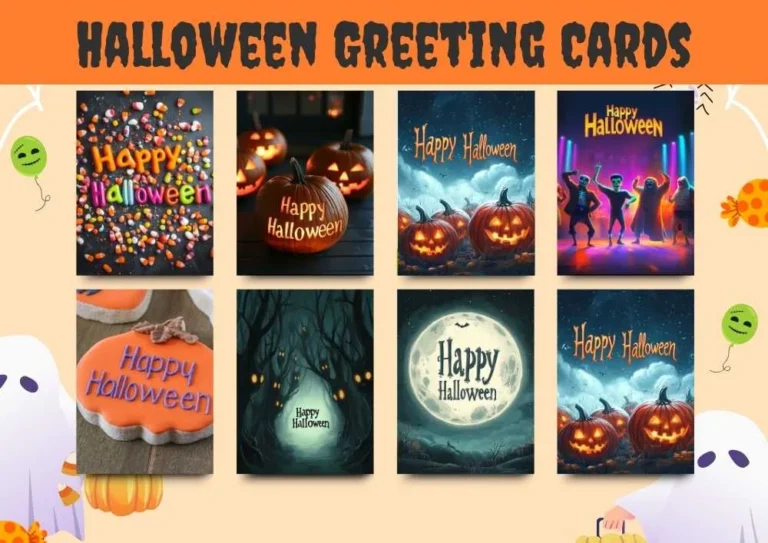 A collection of Halloween greeting cards displayed in a grid. The top banner reads "Halloween Greeting Cards" in a spooky font. The cards feature various Halloween themes, including colorful candy designs, glowing jack-o'-lanterns, spooky forests, and dancing characters. The background has playful Halloween elements like ghosts, balloons, and pumpkins.