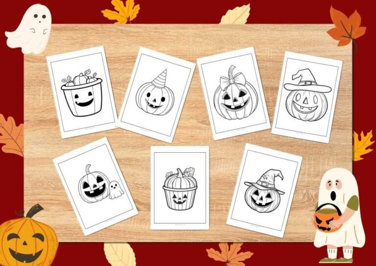 A display of seven printable Halloween pumpkin coloring pages arranged on a wooden table, with fall-themed decorations, including leaves, a ghost, and a pumpkin, surrounding the images. Each coloring page features a different pumpkin design, including ones with party hats, witch hats, and cute smiling faces. Perfect for kids to color for Halloween.