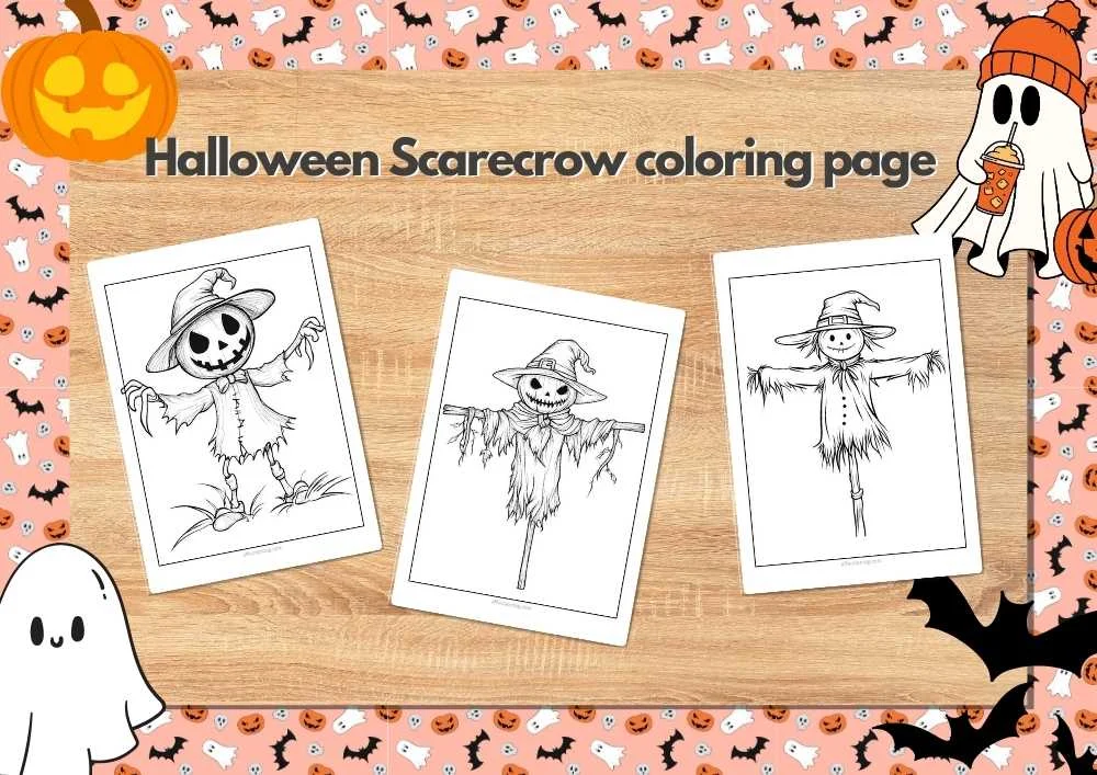 Spooky Halloween Scarecrow Coloring Pages to Download Now! 1 A Halloween-themed graphic featuring three scarecrow coloring pages arranged on a wooden table, with a festive background decorated with ghosts, bats, and pumpkins