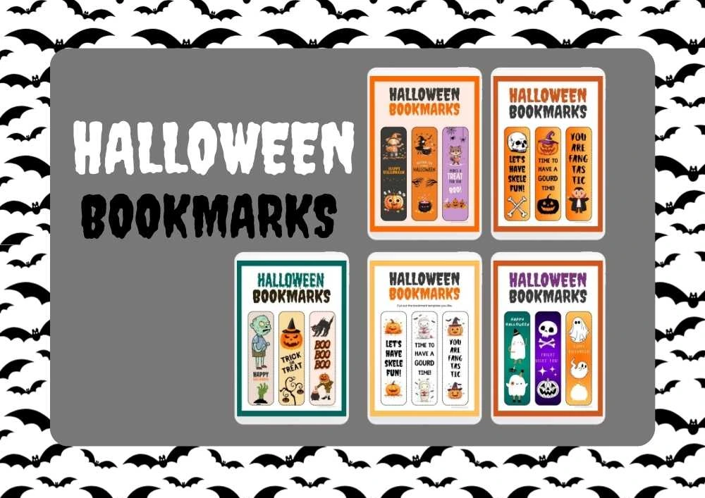 Free Printable Halloween Bookmarks for Spooky Fun 1 A collection of free printable Halloween bookmarks featuring various spooky and fun designs like ghosts, pumpkins, skeletons, and witches. Perfect for Halloween-themed reading accessories.