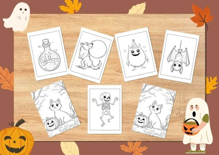 Assorted Halloween coloring pages featuring potion bottles, wolves, spooky monsters, bats, cats with pumpkins, and skeletons, set on a wooden background with festive decorations.