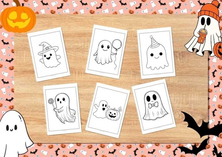 A collection of cute Halloween ghost coloring pages displayed on a wooden surface, surrounded by Halloween-themed decorations like pumpkins, bats, and ghosts.