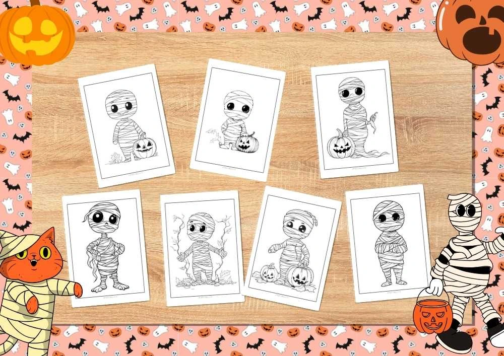 A cute collection of mummy-themed Halloween coloring pages displayed on a wooden background, surrounded by festive Halloween decorations like pumpkins and ghosts