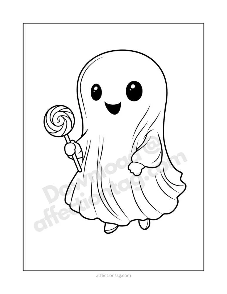Spooky Fun with Halloween Ghost Coloring Pages – Free Printables to Download! 3 A cute ghost holding a lollipop, looking cheerful, ideal for Halloween-themed coloring fun.
