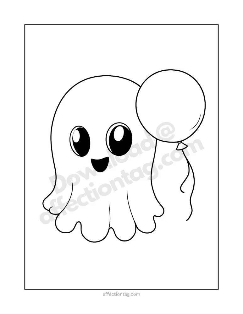 Spooky Fun with Halloween Ghost Coloring Pages – Free Printables to Download! 6 A cheerful ghost holding a balloon, looking adorable and inviting for kids to color.