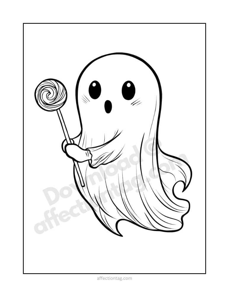 Spooky Fun with Halloween Ghost Coloring Pages – Free Printables to Download! 8 A ghost holding a swirly lollipop, adding a playful touch to the Halloween theme.
