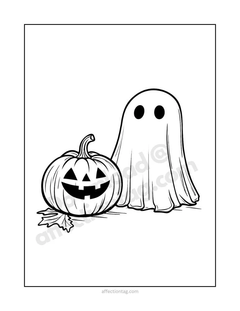 Spooky Fun with Halloween Ghost Coloring Pages – Free Printables to Download! 9 A ghost next to a carved pumpkin with a leaf, in a classic and easy-to-color Halloween scene