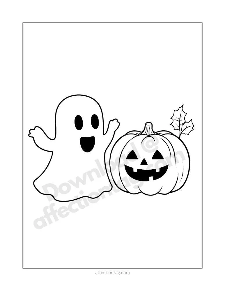 Spooky Fun with Halloween Ghost Coloring Pages – Free Printables to Download! 4 A happy ghost next to a carved pumpkin with a leaf on top, representing a classic Halloween scene.