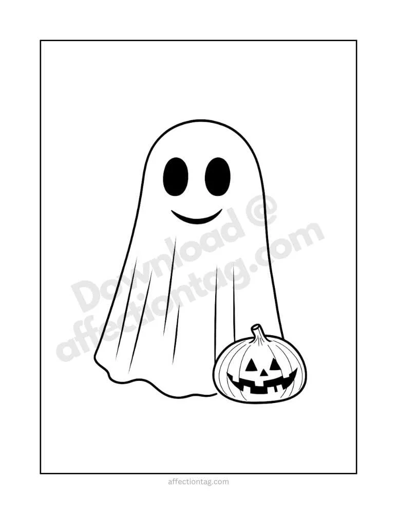 Spooky Fun with Halloween Ghost Coloring Pages – Free Printables to Download! 5 A ghost standing next to a small carved pumpkin, a friendly Halloween duo ready for coloring.