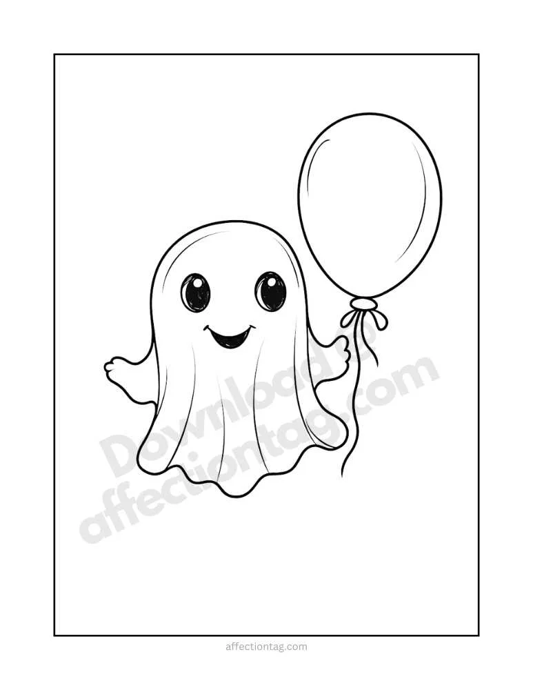 Spooky Fun with Halloween Ghost Coloring Pages – Free Printables to Download! 10 A smiling ghost holding a balloon, simple and fun for younger children to enjoy.