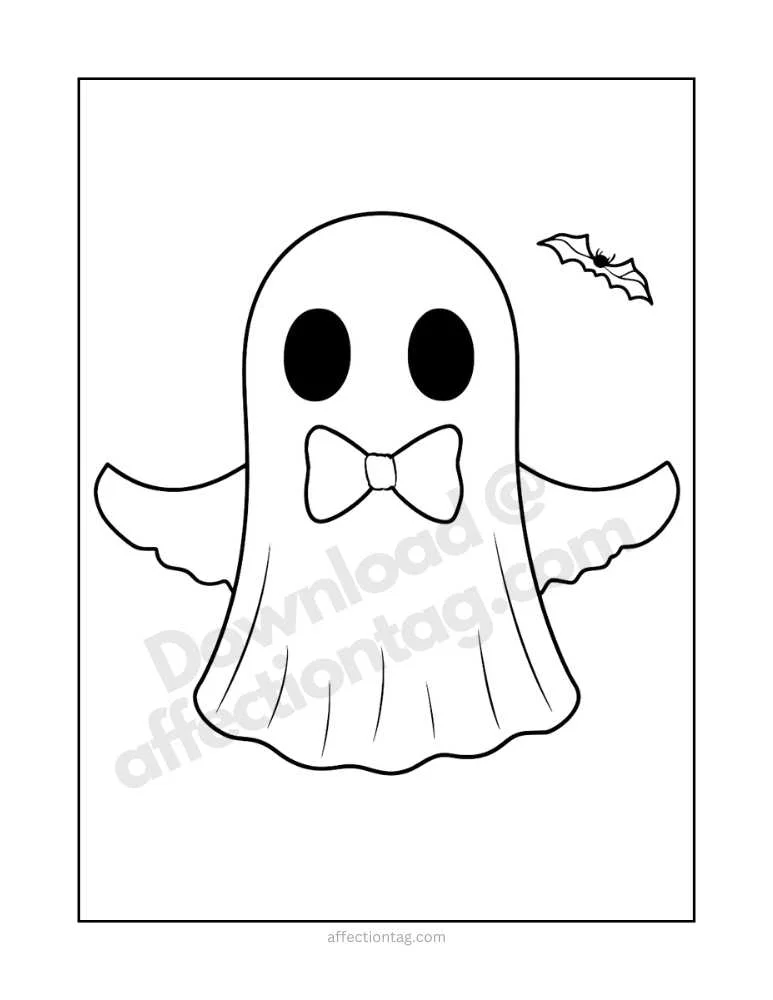 Spooky Fun with Halloween Ghost Coloring Pages – Free Printables to Download! 11 A cheerful ghost wearing a bow tie, with a small bat flying above, capturing a cute Halloween vibe.