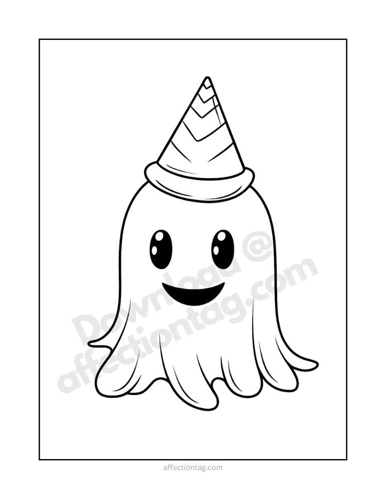 Spooky Fun with Halloween Ghost Coloring Pages – Free Printables to Download! 12 Cute ghost wearing a party hat, smiling happily, ready for Halloween.