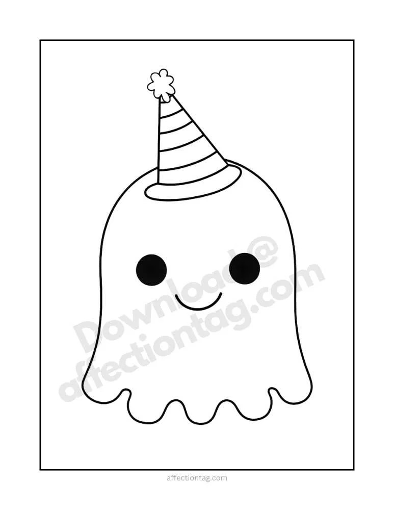 Spooky Fun with Halloween Ghost Coloring Pages – Free Printables to Download! 13 Cute ghost wearing a party hat, smiling happily, ready for Halloween