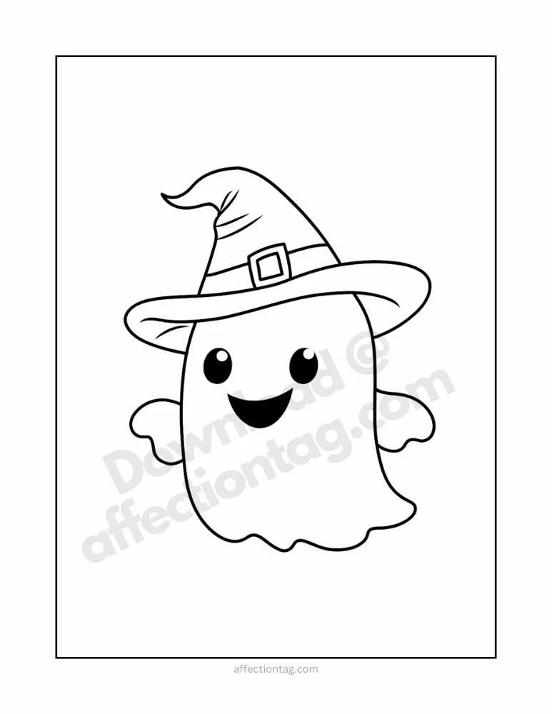 Spooky Fun with Halloween Ghost Coloring Pages – Free Printables to Download! 14 Happy ghost with a witch hat, perfect for Halloween fun and decorations.